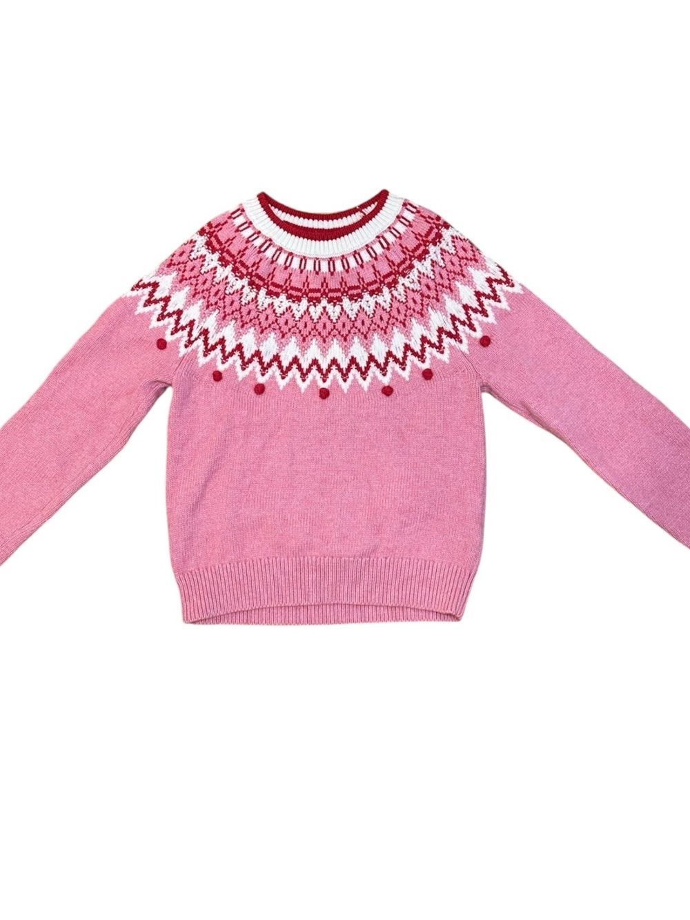 Boden Girls Pink Fair Isle Crewneck Sweater in Pink, Red, White Size 8-9Y